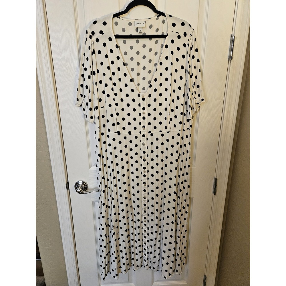 Ava & Viv V-Neck SS Button Detail Elastic Back Polka Dots Waist Midi Dress, 3X